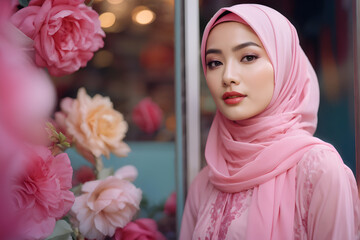 A woman wearing a pink scarf stands in front of a flower arrangement