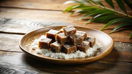 Poster - A delicate stack of brown squares dusted with powdered sugar, resting on a wooden plate, a subtle hint of sweetness amidst the rustic backdrop.