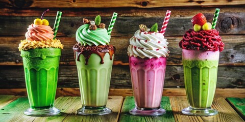 Poster - A delightful array of creamy milkshakes adorned with colorful toppings, arranged on a rustic wooden surface, showcasing a vibrant mix of flavors and textures.