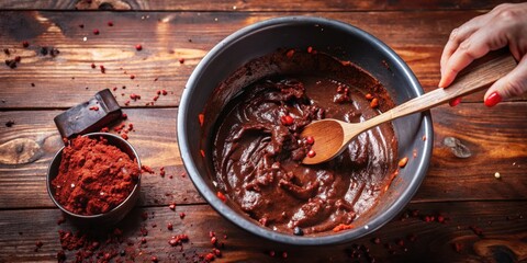 Poster - A wooden spoon stirs a bowl of chocolate sauce infused with red pepper flakes and other spices on a rustic wooden surface
