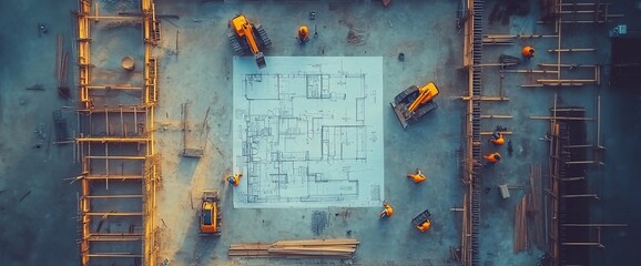 Aufkleber - an aerial view of a construction site with a blueprint in the middle, surrounded by workers and mach