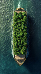 Poster - Aerial view of a cargo ship carrying trees sailing across the ocean, a concept for  environmental protection