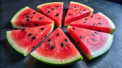 Poster - Watermelon slices arranged in a circle on a dark surface, revealing the juicy red flesh and black seeds