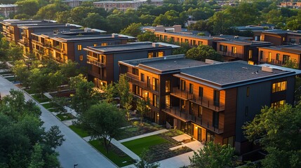 Poster - An aerial view of a modern residential neighborhood with rows of houses with well-kept lawns and trees.