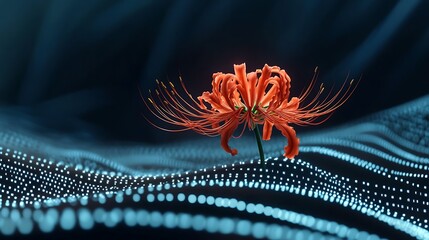 Sticker - A single red spider lily flower stands out against a glowing, abstract blue background.