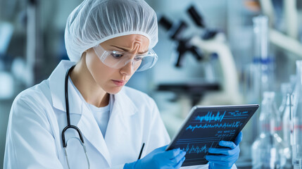 A healthcare professional showing a worried expression while reviewing data on a tablet with graphs and charts about disease outbreaks linked to environmental factors.