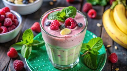 Poster - A refreshing blend of pink and green smoothie with raspberries, blueberries, and mint leaves, ready to quench your thirst on a warm summer day.