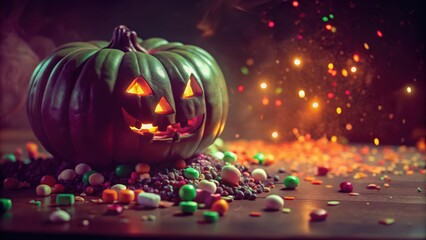 Poster - A glowing jack-o-lantern sits amidst a scattering of colorful candies, casting an eerie light on the wooden table.