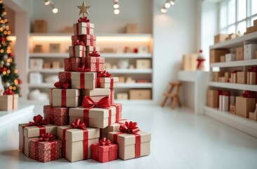 Wall Mural - a pyramid of gift boxes in the shape of a Christmas tree in a large toy store