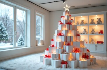 Wall Mural - a pyramid of gift boxes in the shape of a Christmas tree in a large toy store