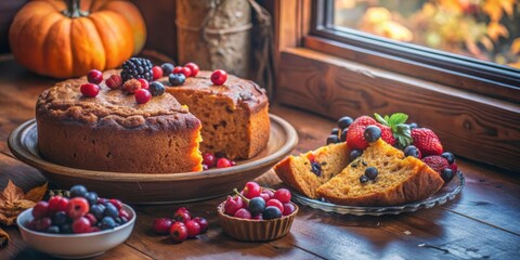 Poster - A slice of berry topped cake sits on a wooden table, with a whole cake and bowls of fresh berries nearby.