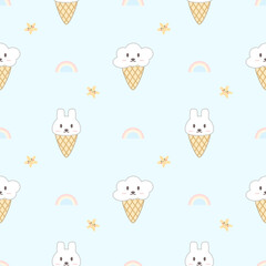 Ice cream face rabbit and cloud. Cartoon so cute. On rainbow star and light blue background. Pattern seamless vector illustration.
