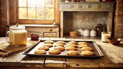 Poster - A rustic kitchen countertop with freshly baked cookies cooling on a baking sheet, a glass of milk, and a jar of homemade cream