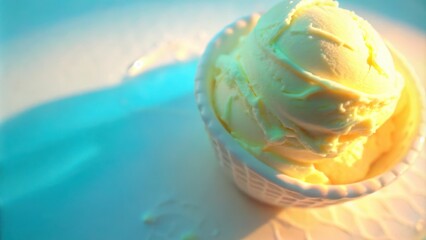 Poster - A single scoop of vanilla ice cream, melting softly in its bowl, bathed in a cool blue and white light.