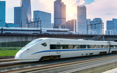 Fototapete - High-speed rail speeds on Bridges and the modern city skyline of hangzhou, China