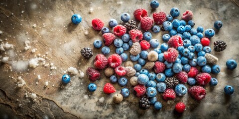 Poster - A scattering of assorted berries including blueberries, raspberries, and blackberries on a rustic brown surface