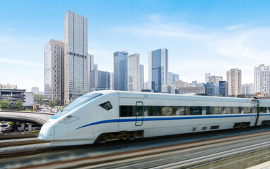 Fototapete - High-speed rail speeds on Bridges and the modern city skyline of chongqing, China