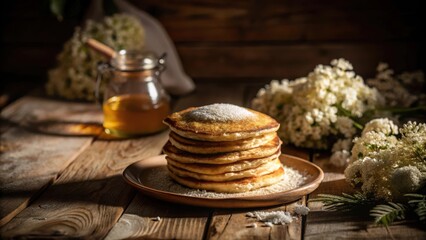 Poster - A Rustic Still Life Featuring a Stack of Golden Brown Pancakes Covered in Powdered Sugar, Accompanied by a Jar of Honey and a Delicate Bouquet of White Flowers, All Set on a Wooden Table