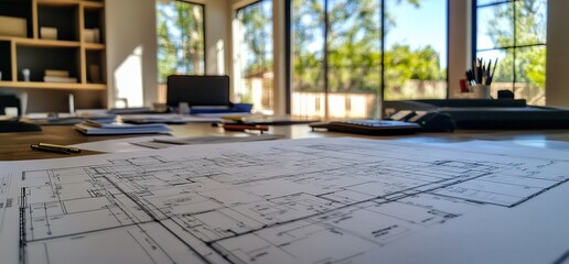 Poster - Blueprint for a home on a table with sunlight streaming through large windows.