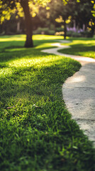 Aufkleber - Serene park path winds through lush green grass at sunset, trees swaying gently in the evening light, perfect for a peaceful walk in nature