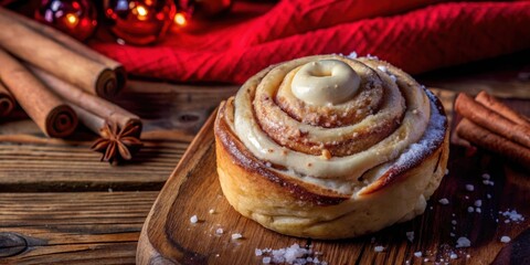 Poster - Sweet Cinnamon Roll with Creamy Glaze and a Hint of Winter Spice on a Rustic Wooden Board