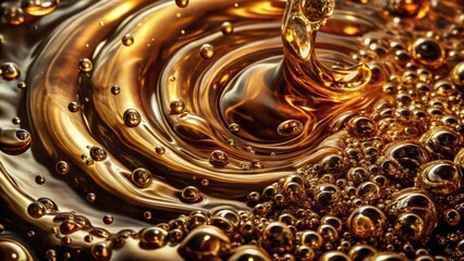 Aufkleber - A swirling vortex of golden liquid with a cascade of glistening bubbles, creating a mesmerizing display of fluid dynamics and intricate textures.