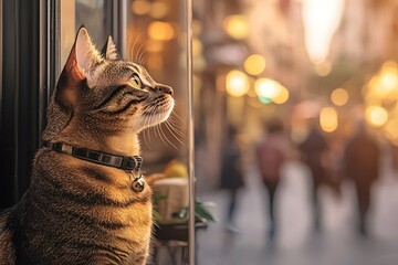 Sleek Tabby Cat Gazing Outward in Urban Setting