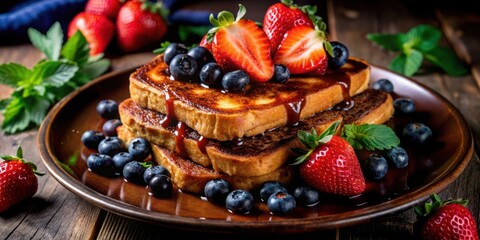 Aufkleber - A Stack of Golden French Toast with Drizzled Syrup, Topped with Fresh Strawberries and Blueberries, Served on a Rustic Wooden Table