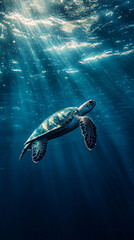 Aufkleber - Sea turtle glides through sunlit waters in the ocean