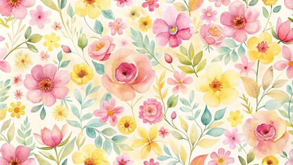  Whimsical watercolor flower pattern showcasing individual blooms in soft shades of pink and yellow, delicate details, romantic