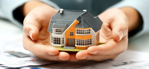 Aufkleber - Close up of hands holding a miniature house model.