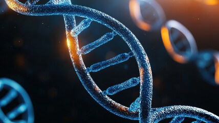 Detailed DNA structure with glowing elements on a dark background.