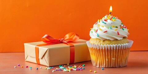 Poster - A single vanilla cupcake with white frosting and sprinkles sits beside a wrapped gift box with a bright orange bow on a brown background.