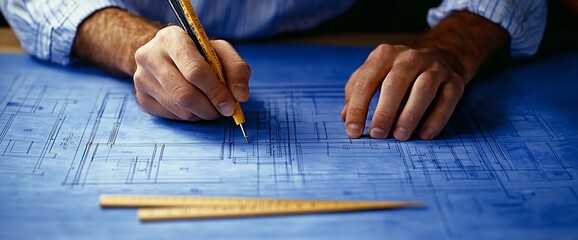 Poster - Close-up of a hand drawing on a blueprint with a pencil.