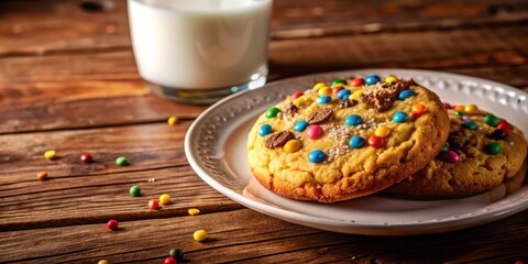 Aufkleber - Two Delicious Cookies Topped with Colorful Sprinkles and Candy on a White Plate, Beside a Glass of Milk on a Wooden Table