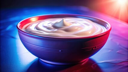 Poster - A bowl of creamy white yogurt illuminated by vibrant blue and pink lighting, creating a visually appealing and enticing scene.