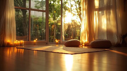 Poster - Candid photo of a yoga session in a room with warm tones, soft lighting, and cozy decor, creating a serene environment, 4k resolution