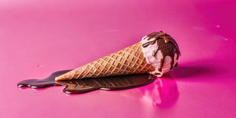 Poster - A single scoop of pink ice cream with a chocolate drizzle, melting in a waffle cone on a vibrant pink surface.