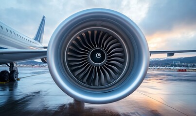 Aufkleber - Close-up of an airplane engine on a runway, with a cloudy sky and a city skyline in the background.