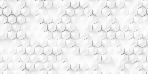 Poster - random scaled white hexagon honeycomb pyramids background wallpaper banner, flat lay top view from a