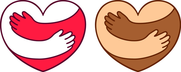 Heart shape with hugging arms, simple  logo design. Red and white color, diverse skin tone hands. Hand drawn vector illustration.