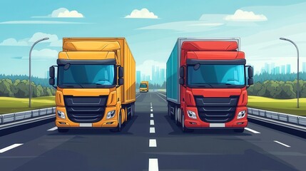 Two colorful trucks, one yellow and one red, driving parallel on a highway under a clear blue sky, with a city skyline in the background.