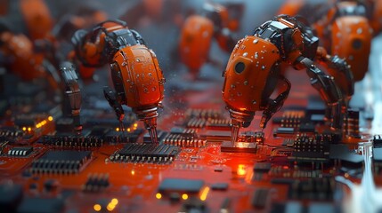 Futuristic Robotic Arms Assembling Circuit Board  Electronics Manufacturing  Automation Te