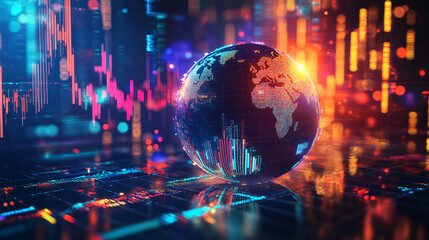 Aufkleber - Global economy and stock market growth concept with planet earth and financial chart bars