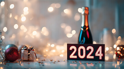 happy new year 2024 background new year holidays card with bright lights,gifts and bottle of hampagne