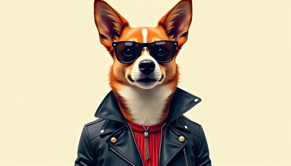 Trendy anthropomorphic dog wearing sunglasses and a leather jacket, posing coolly against a light background