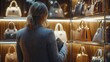 © Eugene - A woman browsing designer handbags in a luxury store wearing a tailored blazer soft lighting reflecting off glass shelves.