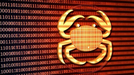A stylized crab graphic appears on a digital screen with red binary code