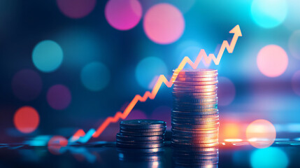 Poster - Coins stacks with an upward arrow graph demonstrating growth on a vibrant bokeh background