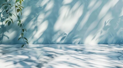 Poster - Simple background with blurred plant shadow on light blue wall and marble floor.